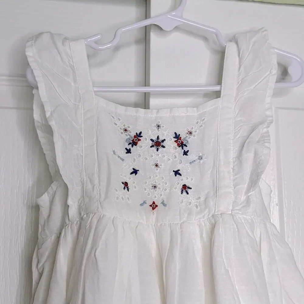 Old Navy White Floral Embroidered Kids Dress Ruffled Cotton Blend Sleeveless 5T